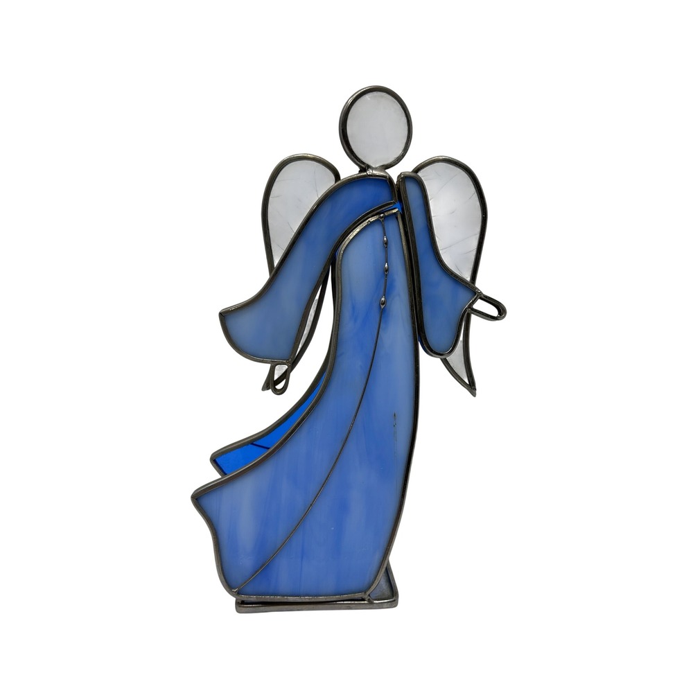 Vintage Stained Glass Angel Figurine 1989 Blue White‎ Wings Desk Shelf Decor
